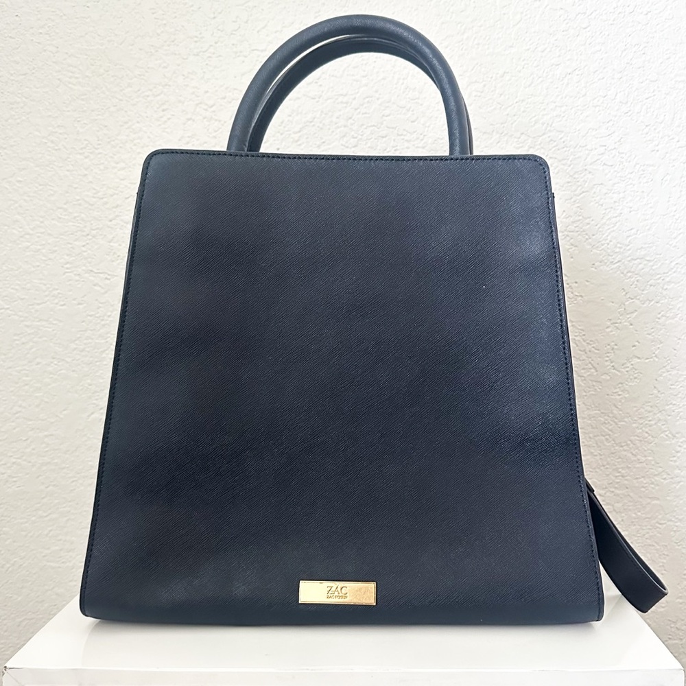 Zac Posen Eartha Satchel Navy Blue Patent Saffiano Leather Gold Purse Bag - Picture 4 of 14